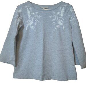 LOFT Women's XS Gray Floral/Bird Embroidered 3/4 Sleeve Casual Pullover Top